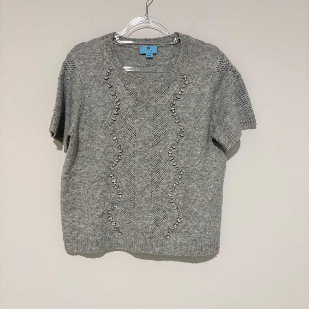Cece argyle embellished short sleeve sweater grey size‎ Large